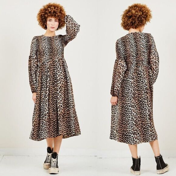 Ganni Leopard Animal Print Brown Georgette Smocked Long Sleeve Midi Dress Size 4 - Picture 7 of 11